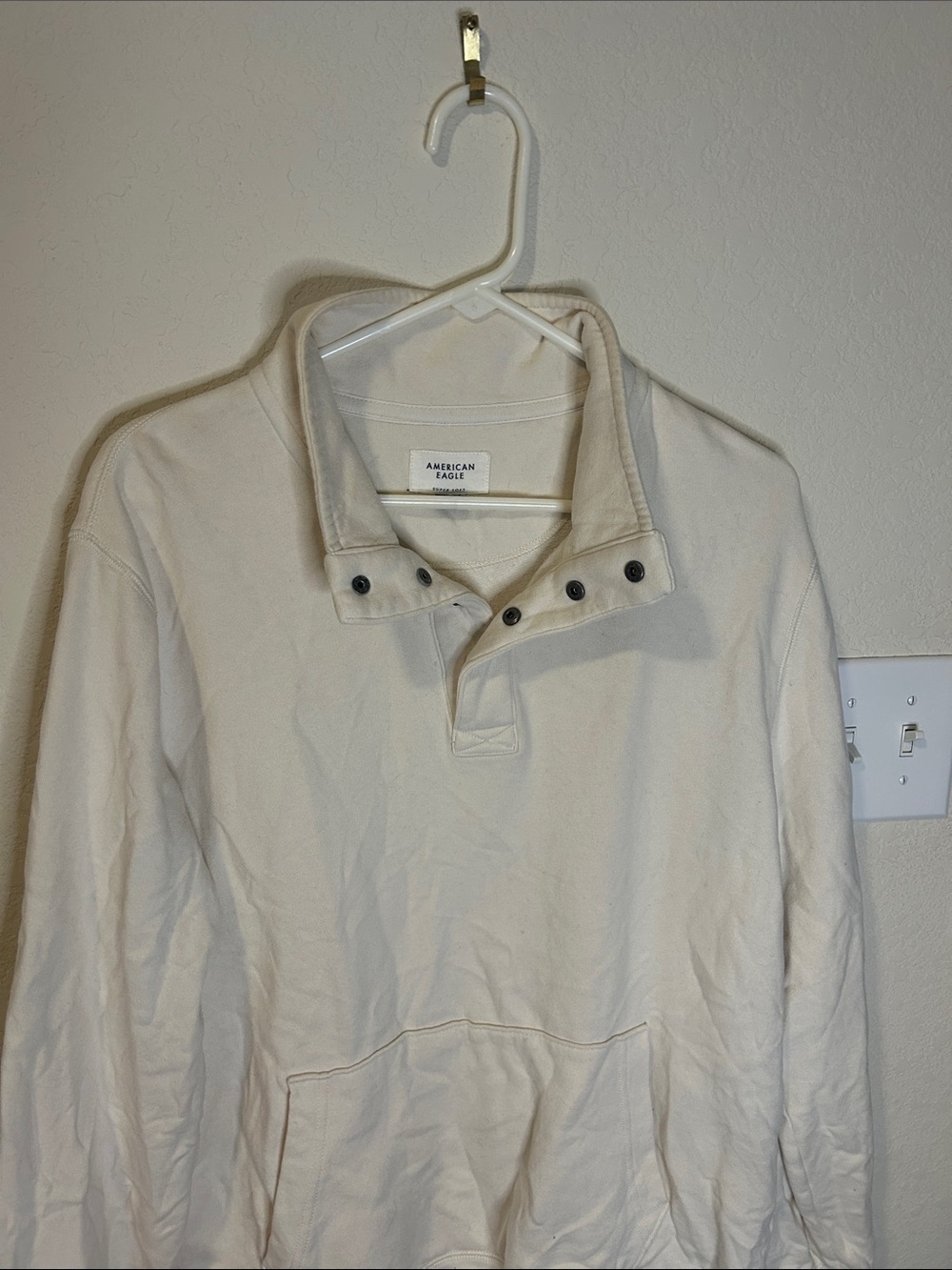 American Eagle Cream Button-Placket Crewneck Sweater